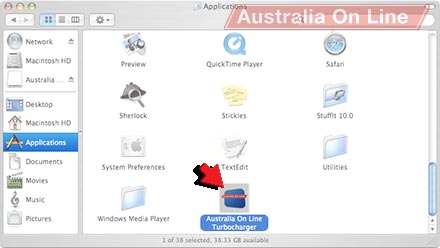 The Australia On Line Dial-up Turbocharger™ icon in the Applications folder. 