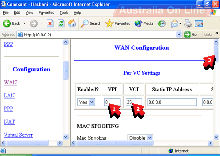 Conexant WAN Configuration window. 