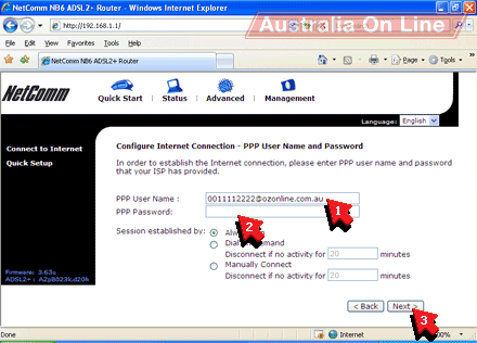 NetComm Quick Setup page 4 with your Australia On Line ADSL username typed into the 'PPP User Name' box and your password typed into the 'PPP Password' box. 