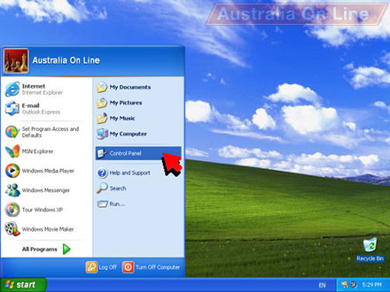 Start menu with Control Panel highlighted. 